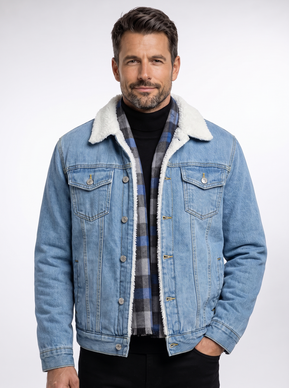 Chaqueta Vaquera Azul Moderna con fondo claro tipo estudio