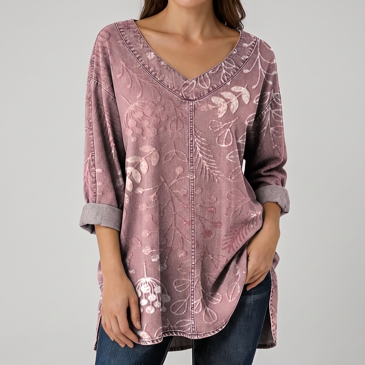 Blusa Elvera Estampado de Hojas con fondo gris claro