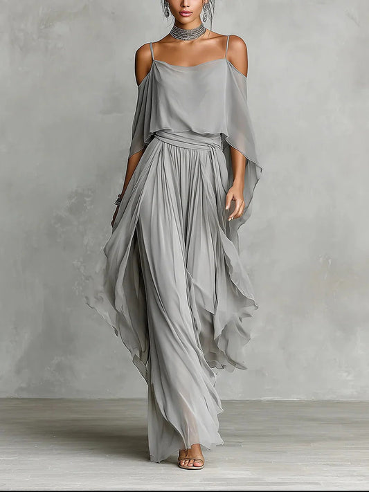 Isabela - Conjunto Fluido Gris Con Top de Tirantes y Pantalón Ligero