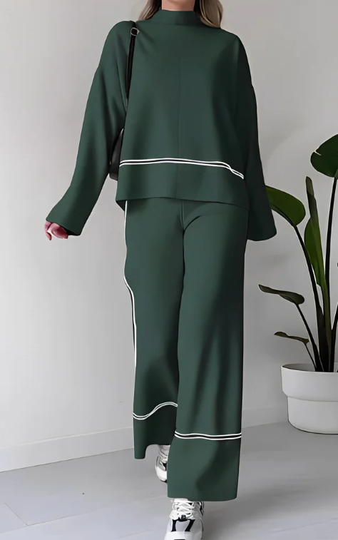 Ivet - Conjunto Holgado de Dos Piezas Sueter y Pantalon Traje Con Diseño Cómodo con Top Informal de Color Liso Primavera Verano Para Mujer