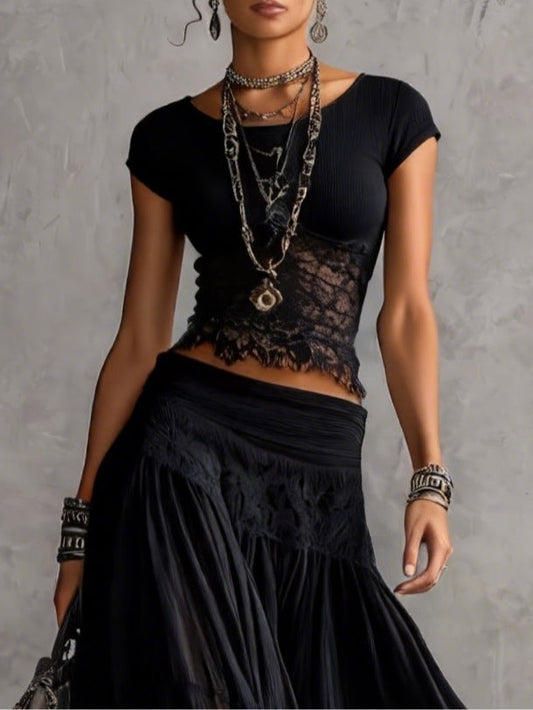Conjunto Elegante de Encaje y Falda Maxi