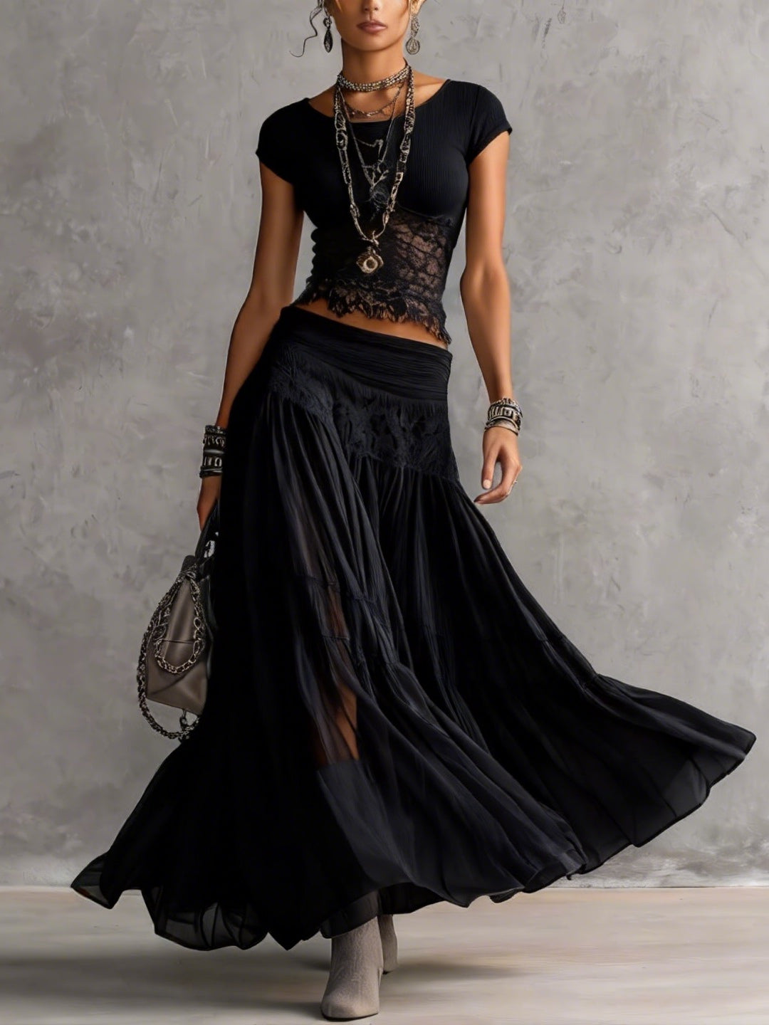 Conjunto Elegante de Encaje y Falda Maxi