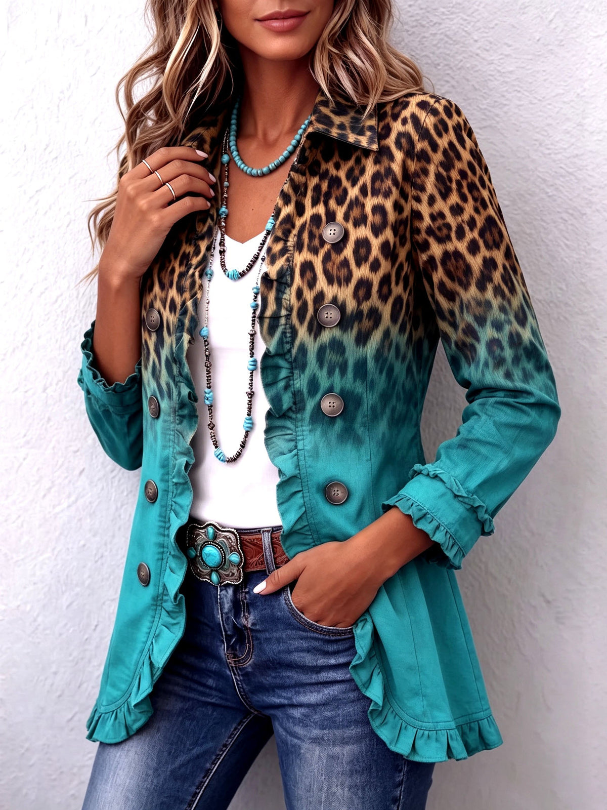 Herminia | Chamarra blazer leopardo degradado con volantes