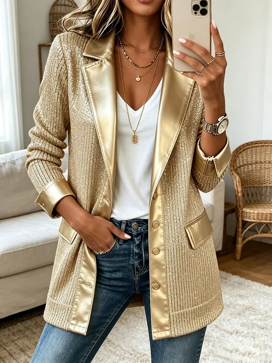 Aurora | Blazer de Punto Dorado con Ribetes de Polipiel