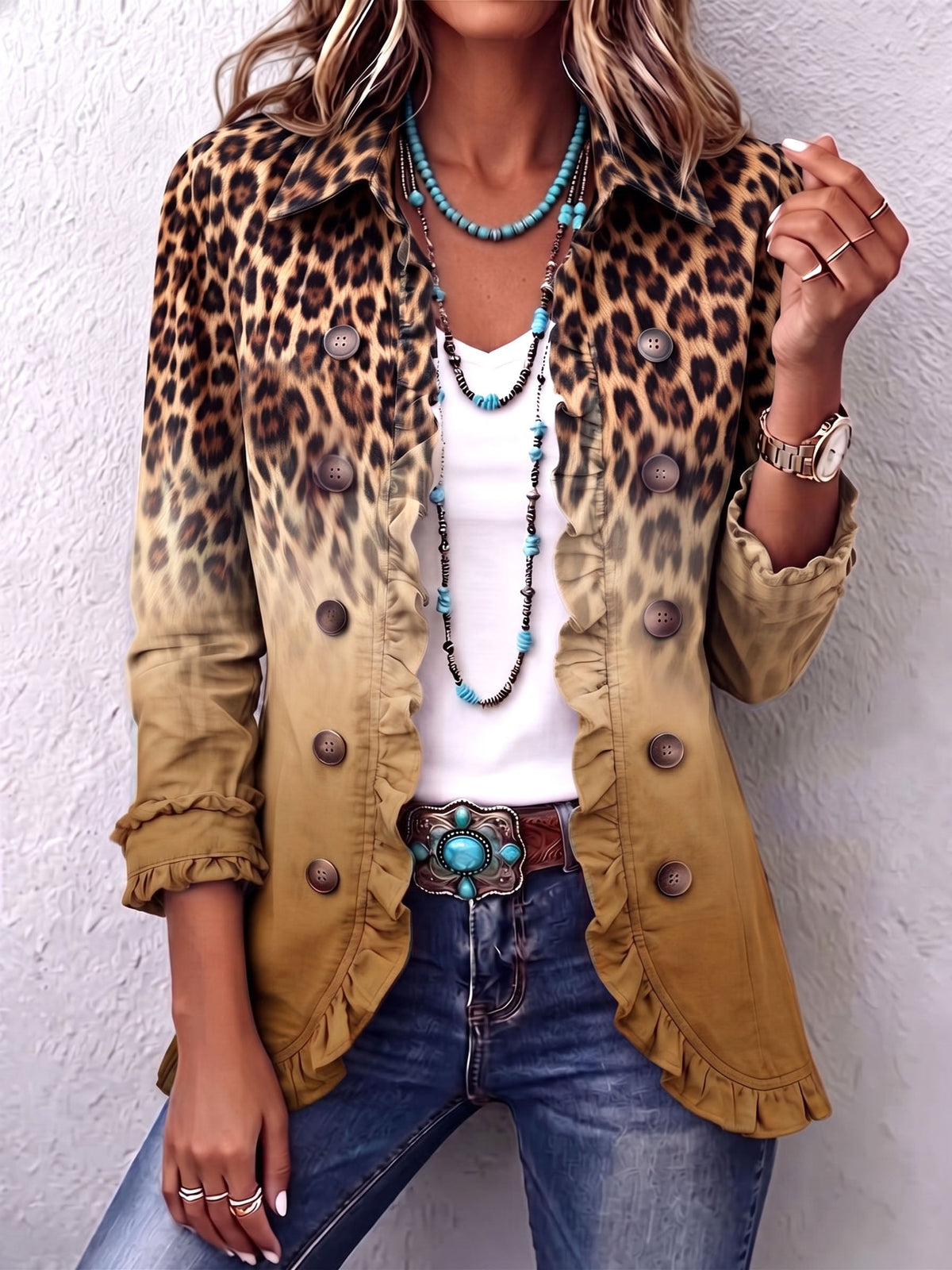 Herminia | Chamarra blazer leopardo degradado con volantes
