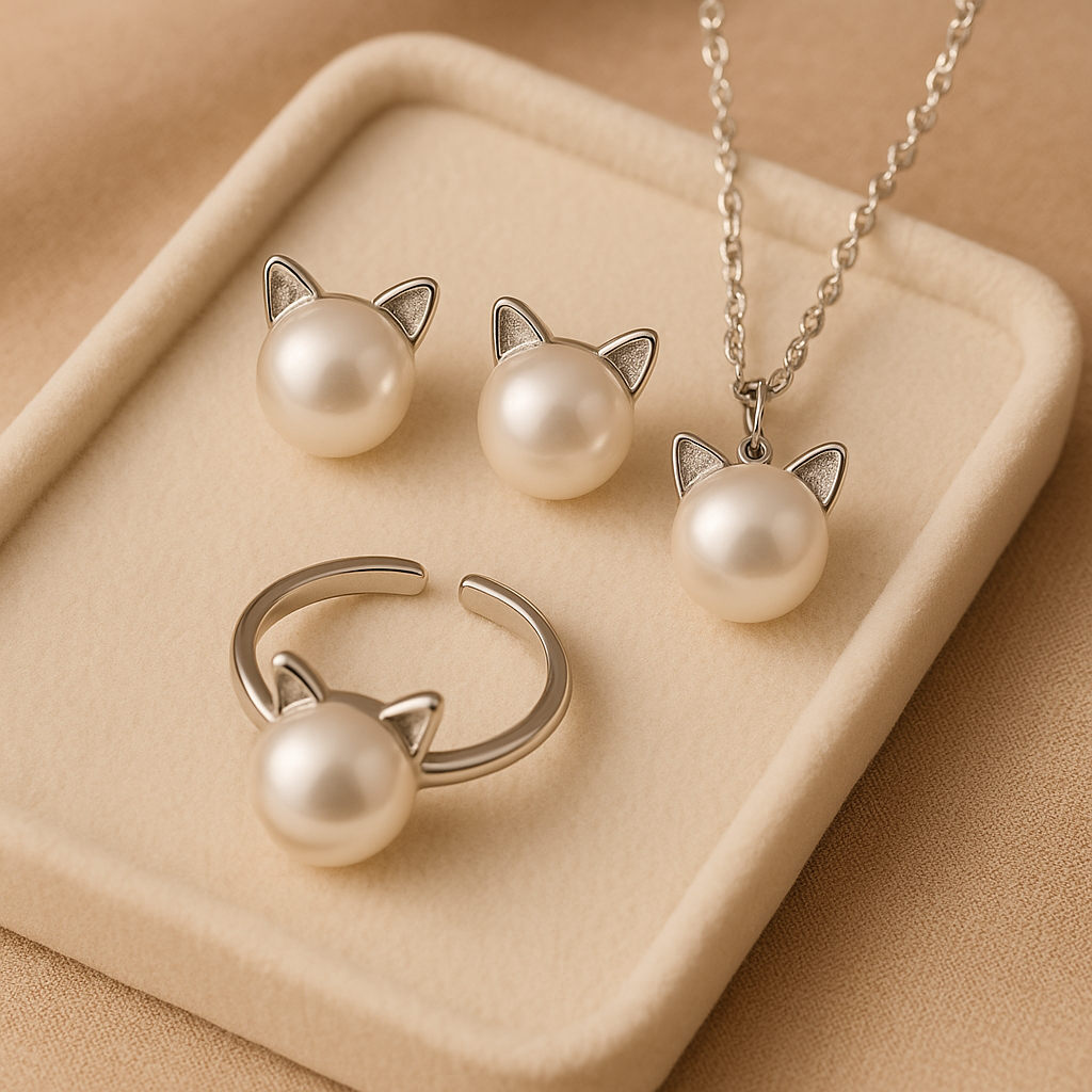 Conjunto Collar de Perla con Gato