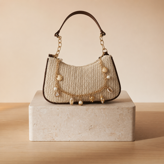 Bolso Hobo de Rafia con Charms de Conchas y Perlas