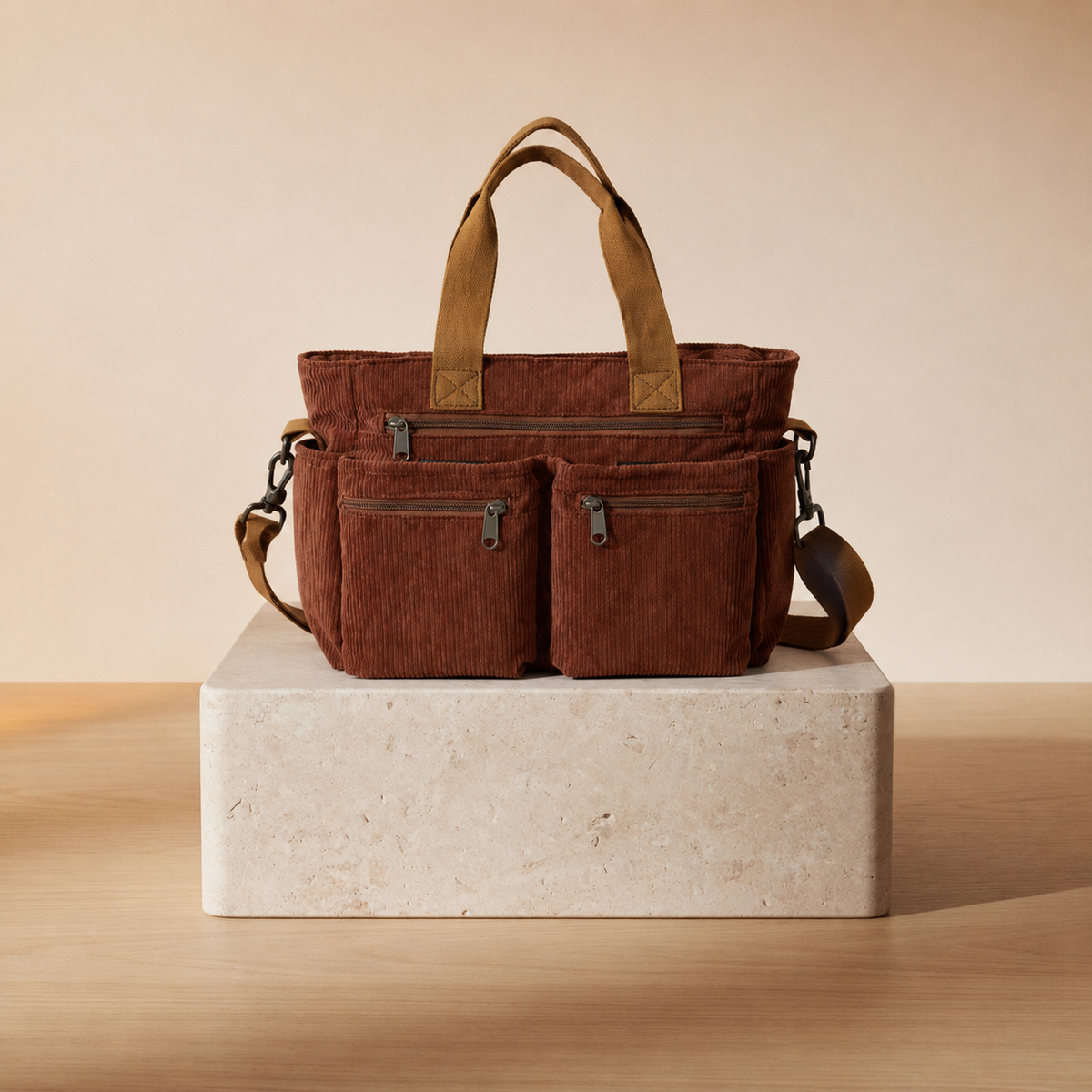 Bolso Tote Bag de Pana con Múltiples Bolsillos