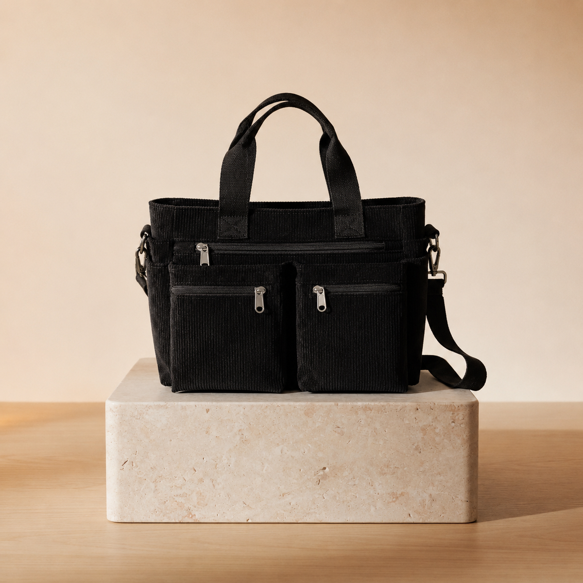 Bolso Tote Bag de Pana con Múltiples Bolsillos